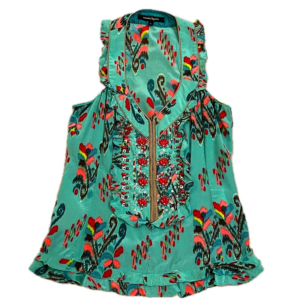 Nanette Lepore Y2K silk beaded racerback top blouse tank 0 XS